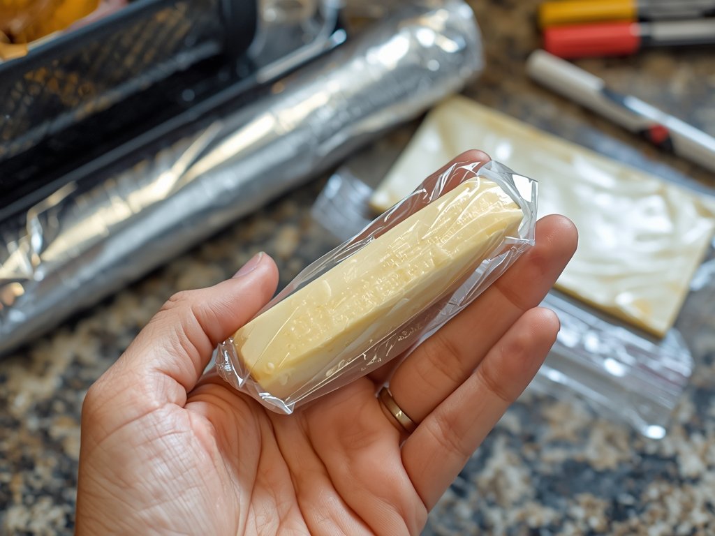 A hand holding a cheese stick wrapped in plastic wrap,