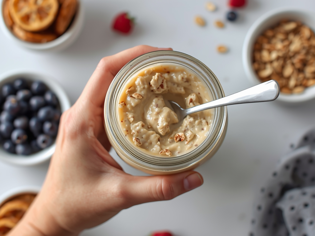 A hand holding a jar of overnight oats, with a