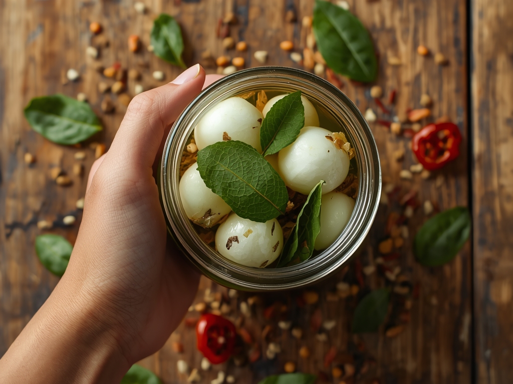 A hand holding a jar of pickled onions, with a