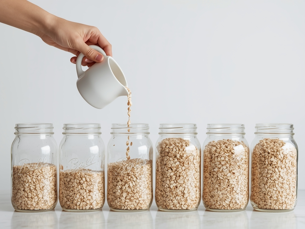 A hand holding a measuring cup pouring oats into a