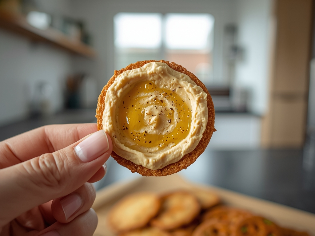 A hand holding a perfectly baked hummus cracker, with a