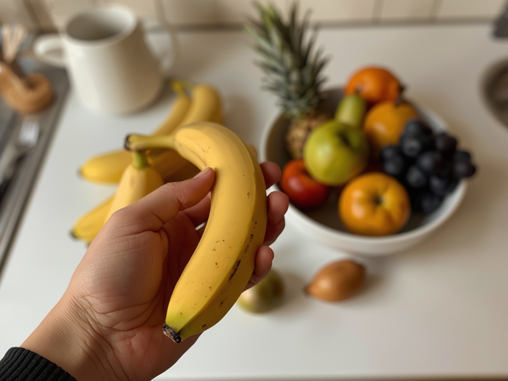 A hand holding a single banana, with a few others