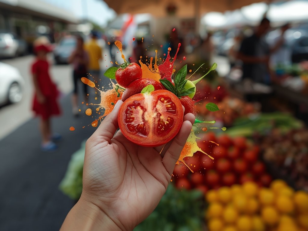 A hand holding a slice of tomato, with a burst