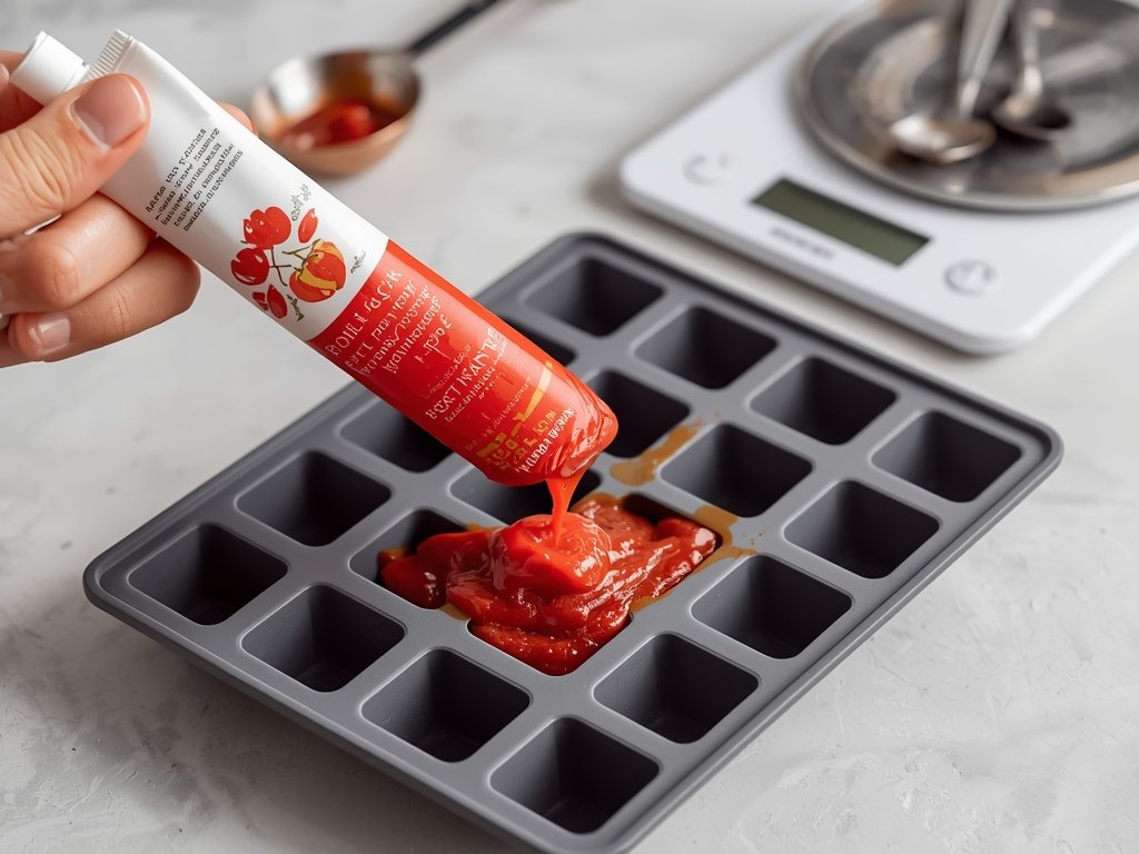 A hand holding a spoon, scooping tomato paste from a