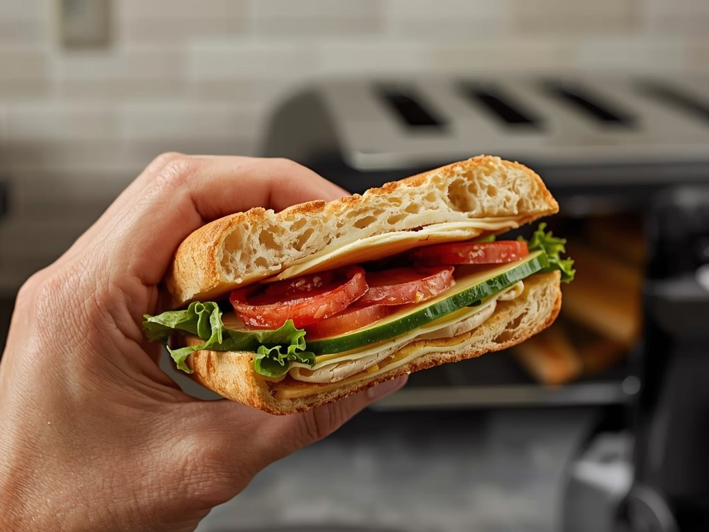 A hand holding a Subway sandwich, carefully slicing it open