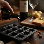 A hand pouring red wine into an ice cube tray,