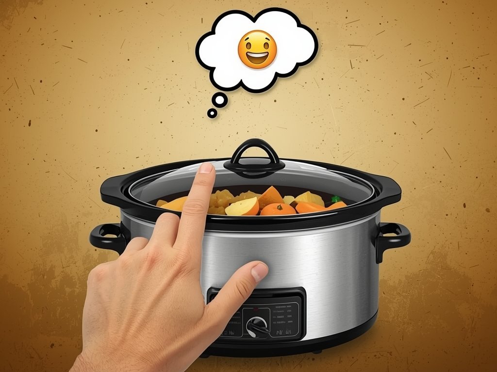 A hand reaching towards a slow cooker lid, with a