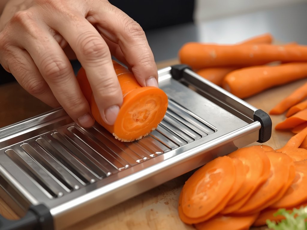 A hand using a mandoline slicer with a hand guard