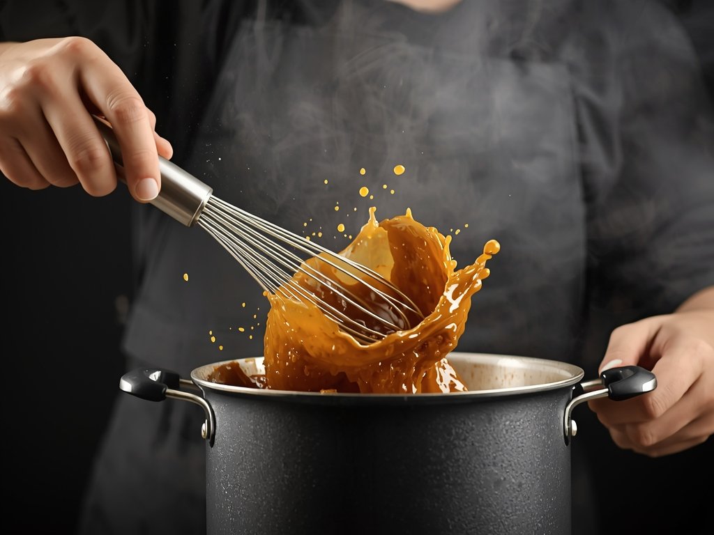 A hand vigorously whisking a saucepan of gravy, with a