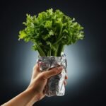 A hand wrapping a celery bunch in aluminum foil, with