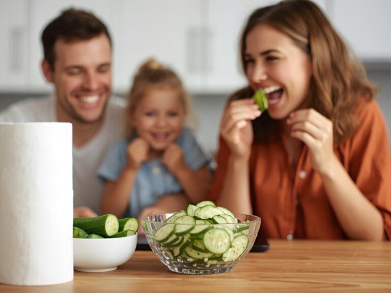 A happy family enjoying a fresh cucumber salad, with a