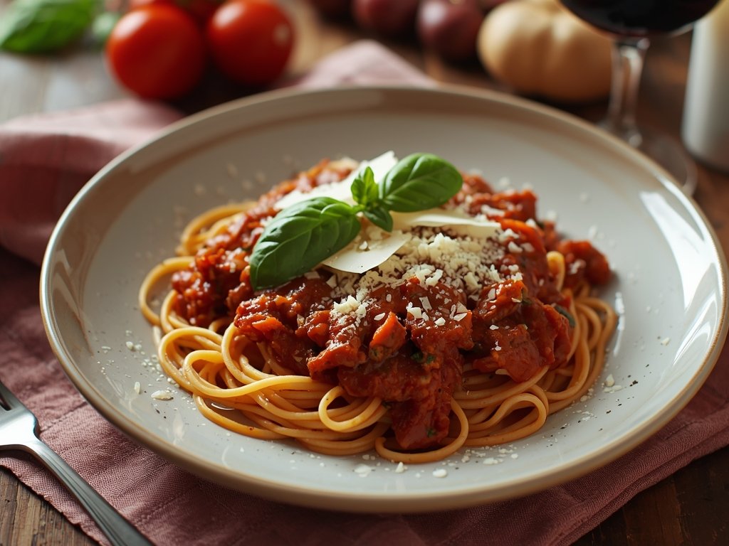 A heaping plate of spaghetti topped with generous spoonfuls of