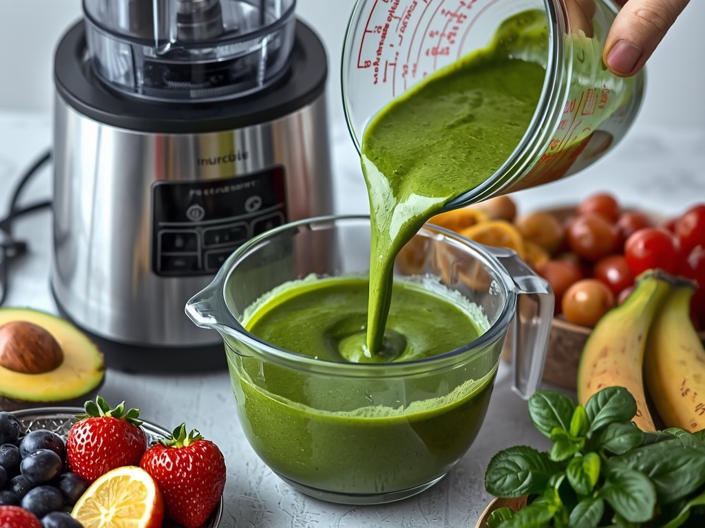 A high-performance blender with a vibrant green smoothie being poured