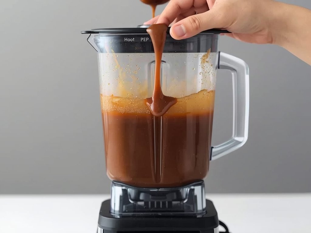 A high-speed blender filled with gravy, with a hand pressing