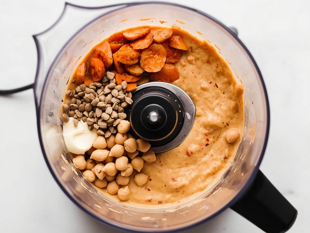 A high-speed blender or food processor with roasted carrots, parsnips,