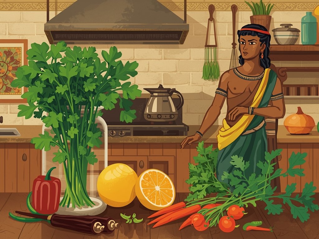 A historical illustration depicting cilantro's use in ancient civilizations, with