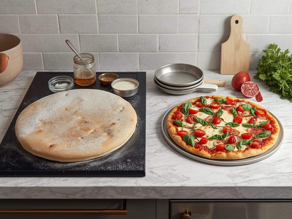 A home cook's kitchen counter with a baking stone and