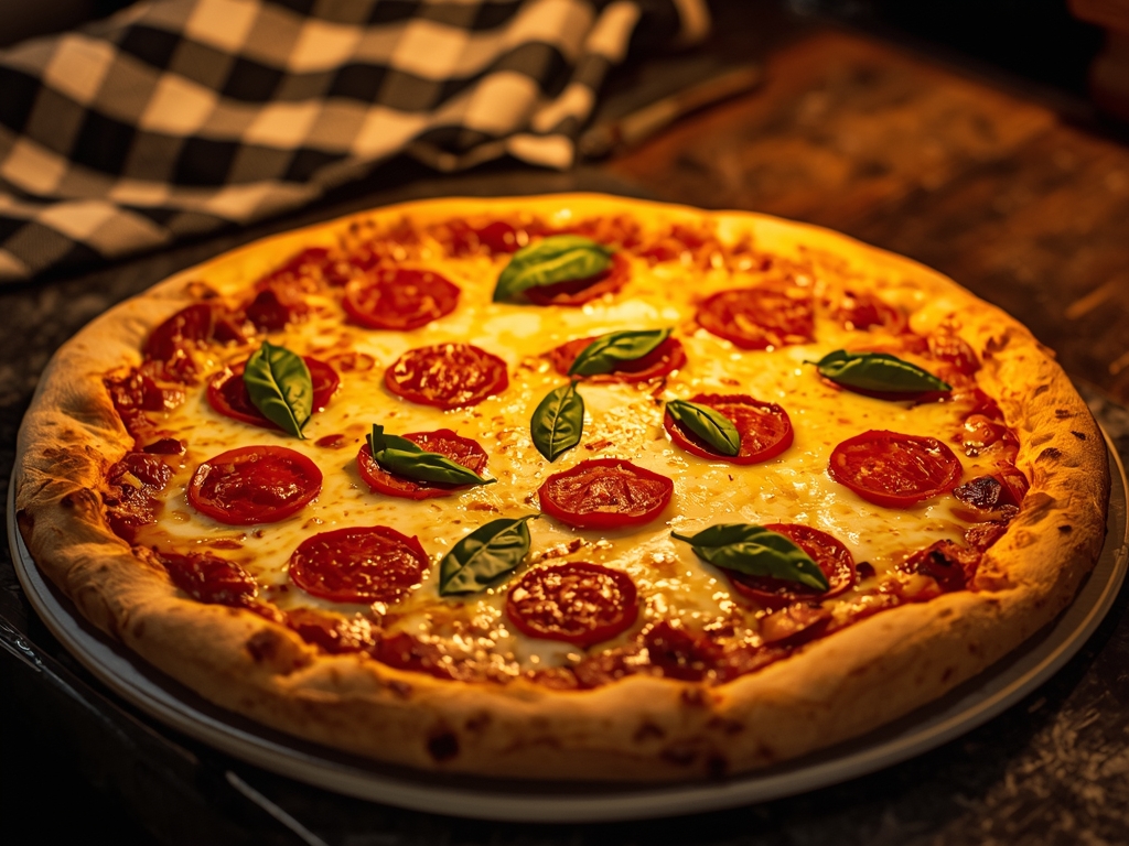 A hot, freshly baked pizza straight from the oven, topped