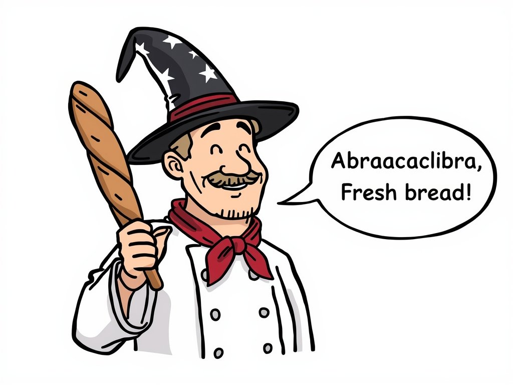 A humorous illustration of a chef wearing a wizard hat,