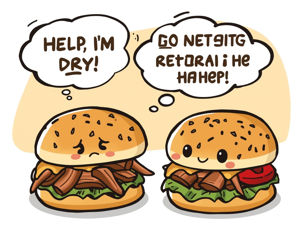 A humorous illustration of a sad-looking pulled pork sandwich with