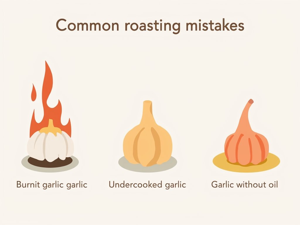 A humorous illustration of common roasting mistakes: burnt garlic, undercooked