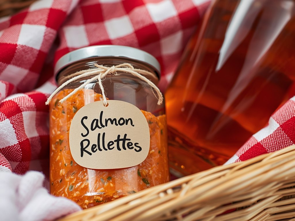 A jar of salmon rillettes with a handwritten label, nestled