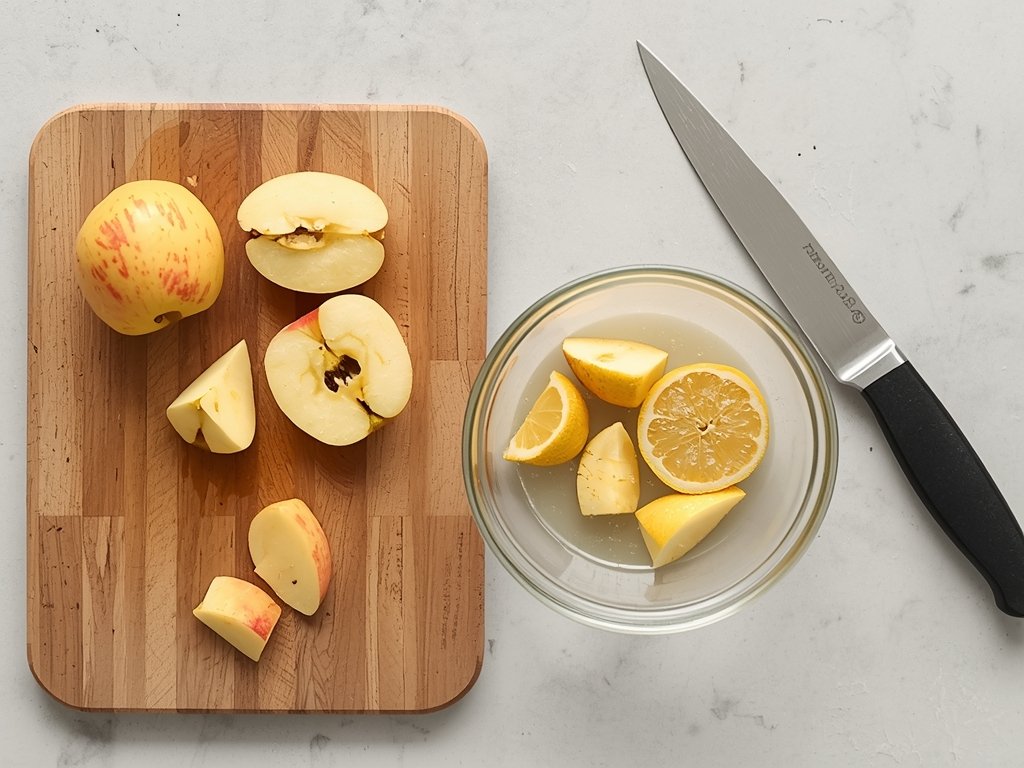 A kitchen counter with a cutting board, a knife, and
