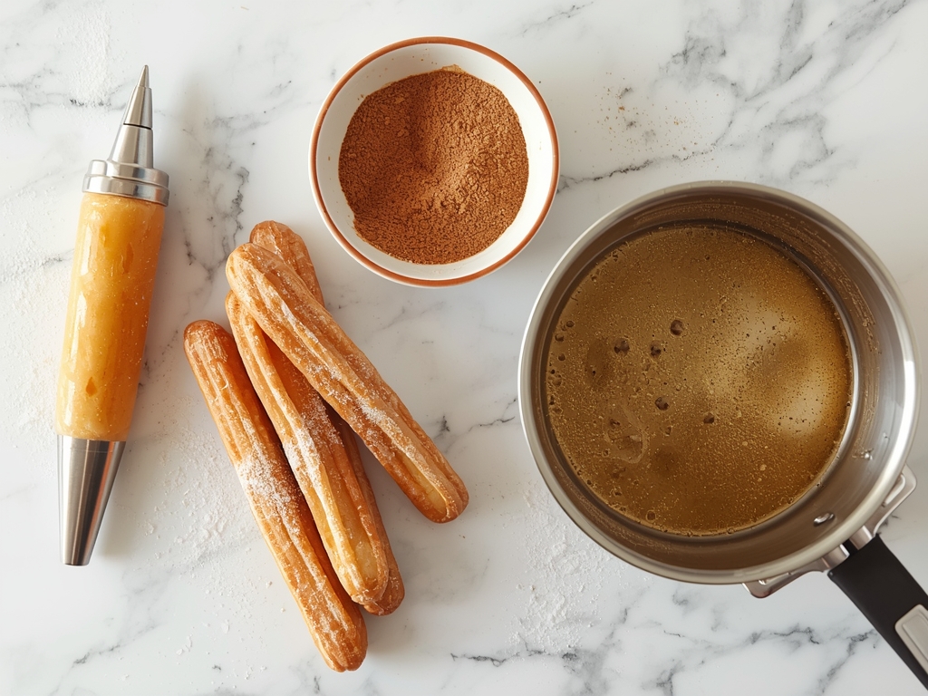 A kitchen counter with a piping bag filled with churro