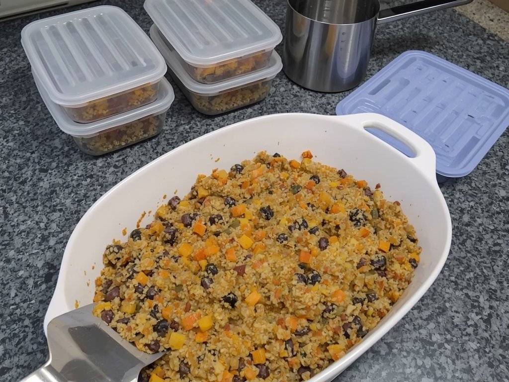 A kitchen counter with a quinoa breakfast bake in a