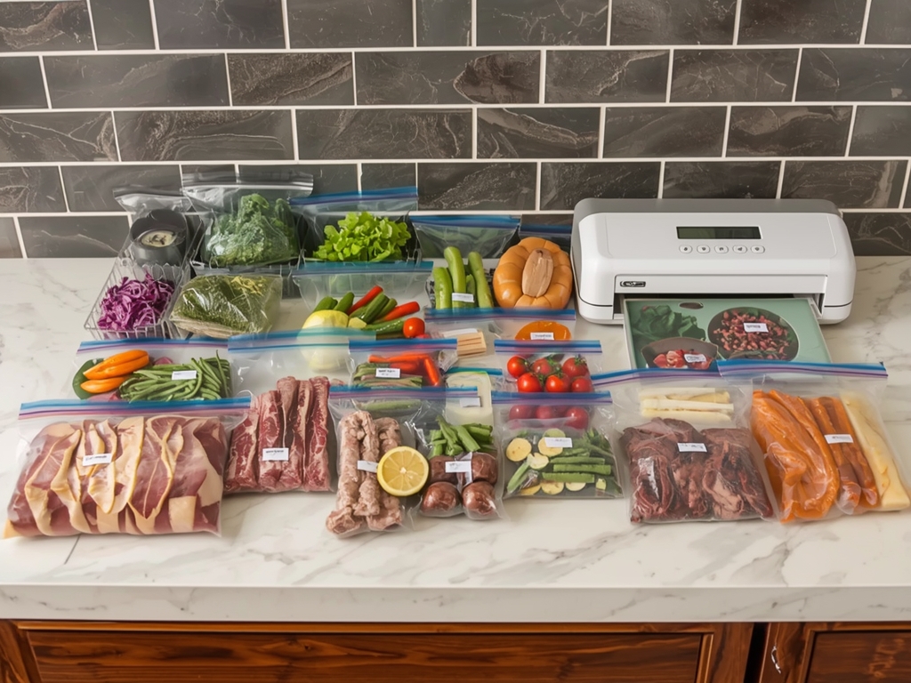 A kitchen counter with a vacuum sealer machine, rolls of