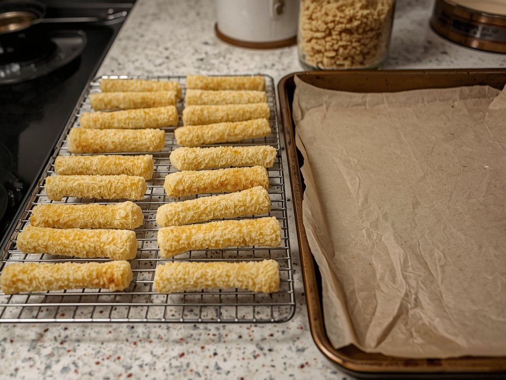 A kitchen counter with a wire rack holding freshly cooked
