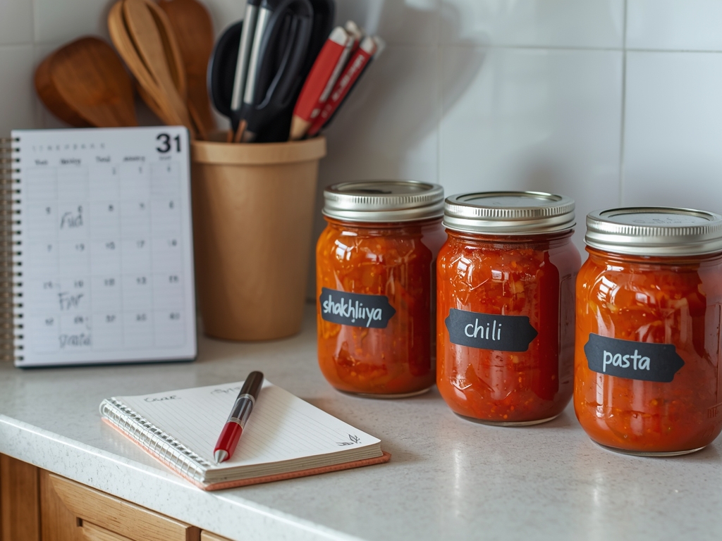 A kitchen counter with jars of freshly made tomato sauce