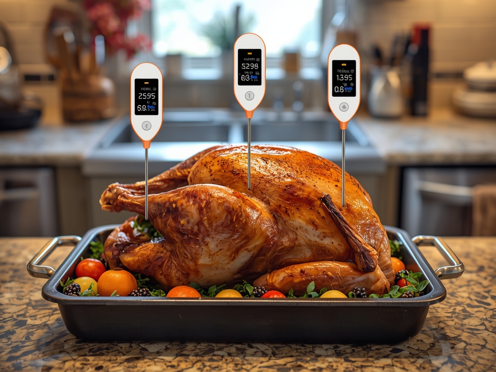 A kitchen counter with three different smart meat thermometers inserted