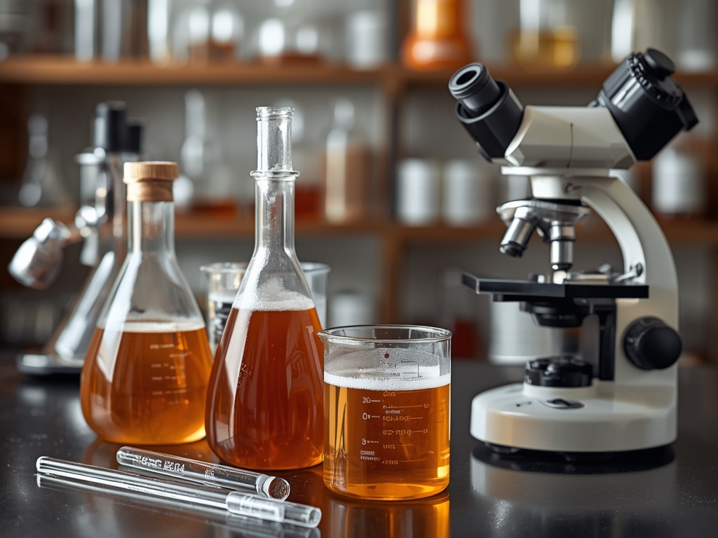 A laboratory-style setup with beakers of broth, a microscope, and