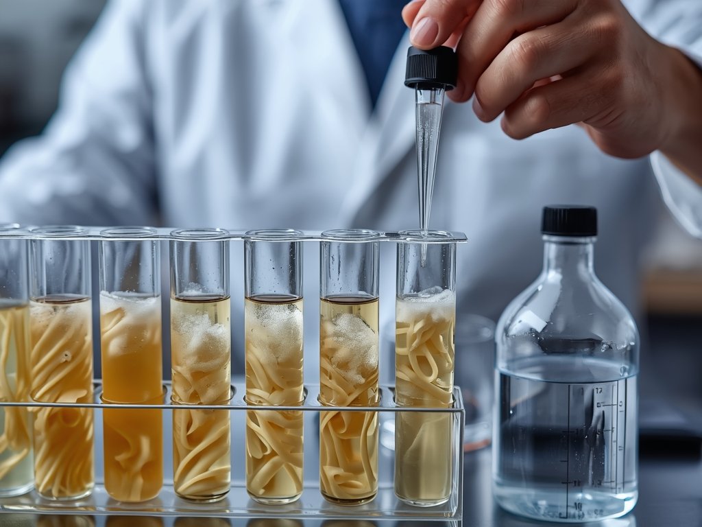 A laboratory-style setup with test tubes filled with pasta water,