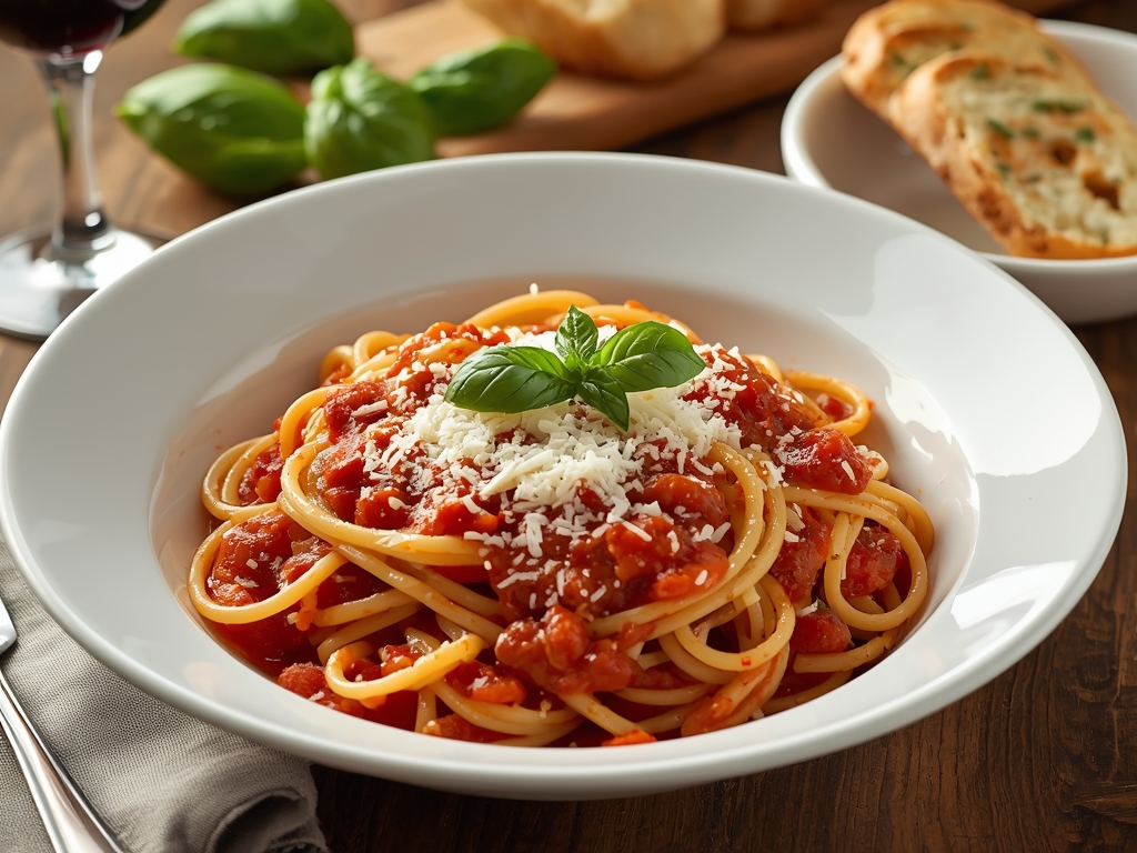 A large bowl of spaghetti tossed in the tomato sauce,