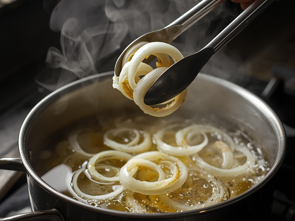 A large pot of hot oil, with a pair of