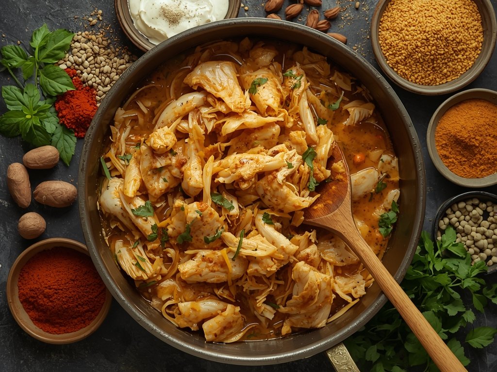 A large, rustic pot filled with golden shredded chicken, surrounded