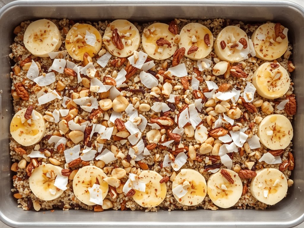 A layered quinoa breakfast bake in a baking dish, showing