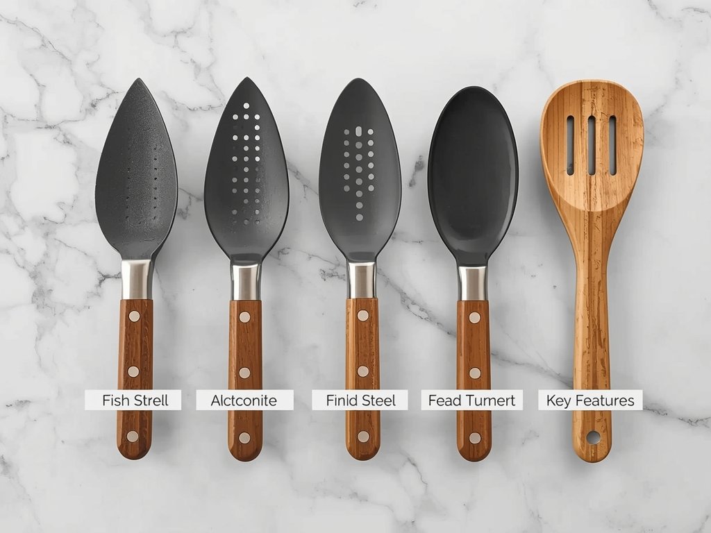 A lineup of fish turners in various materials—stainless steel, silicone,