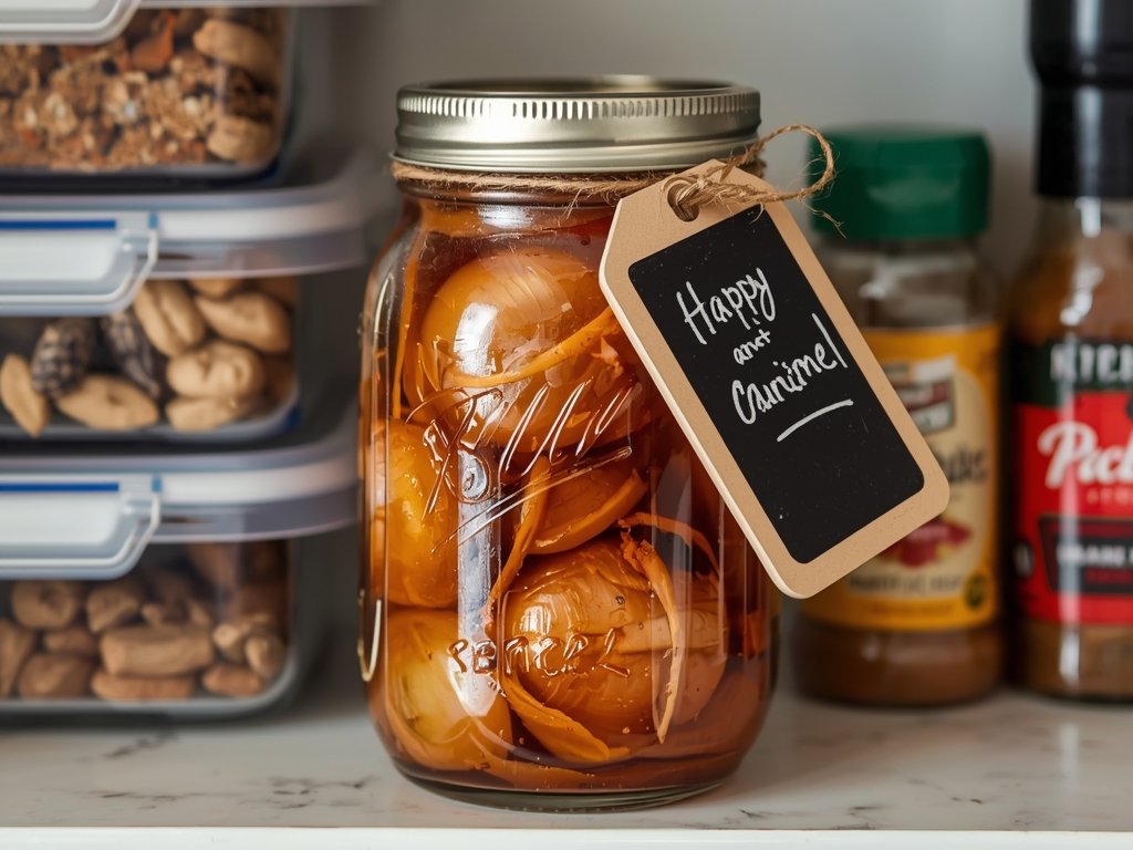A mason jar filled with freshly caramelized onions, labeled with