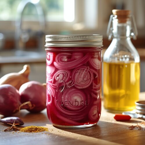 A mason jar filled with vibrant pink pickled onions, surrounded