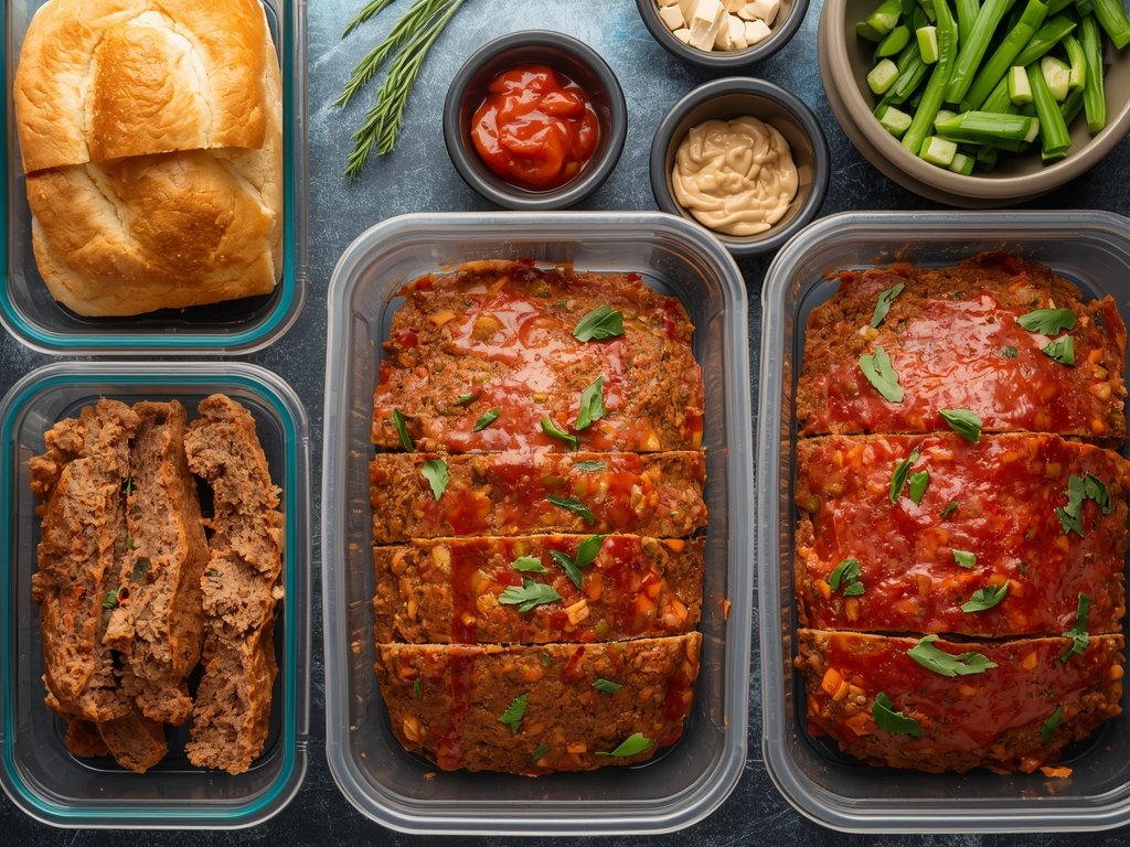 A meal prep station with a freshly baked meatloaf, sliced