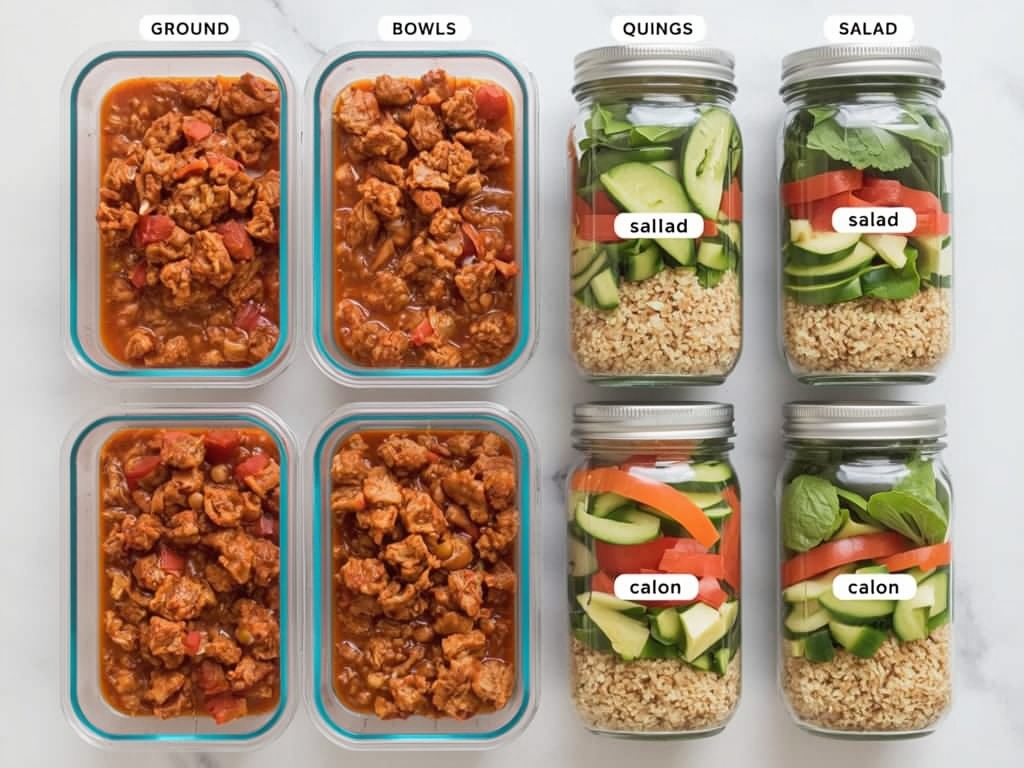 A meal prep station with containers filled with ground turkey