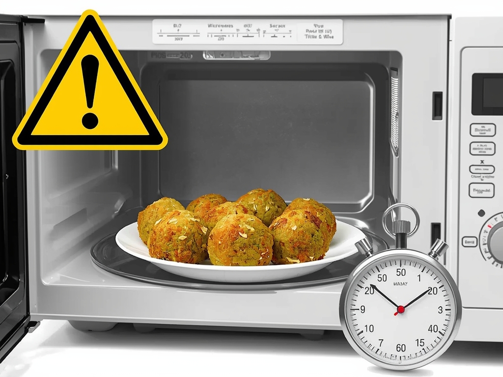 A microwave oven with a plate of falafel balls, surrounded