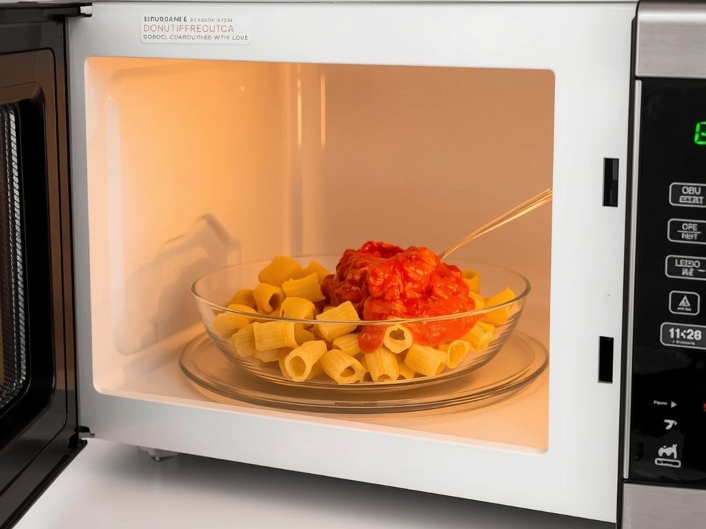 A microwave-safe bowl with gnocchi and a spoonful of sauce,