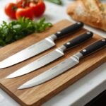A minimalist kitchen counter with three knives - a chef's