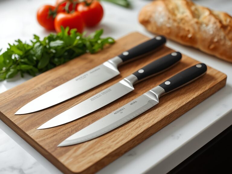 A minimalist kitchen counter with three knives - a chef's