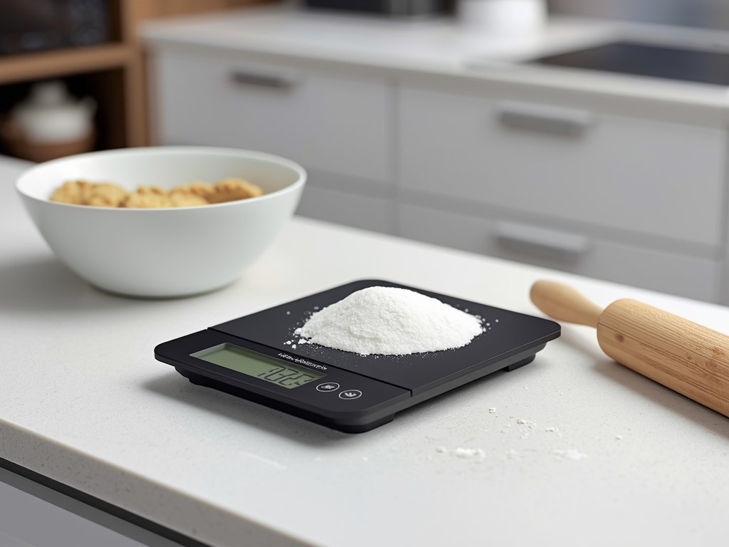 A modern kitchen with a sleek digital scale on the