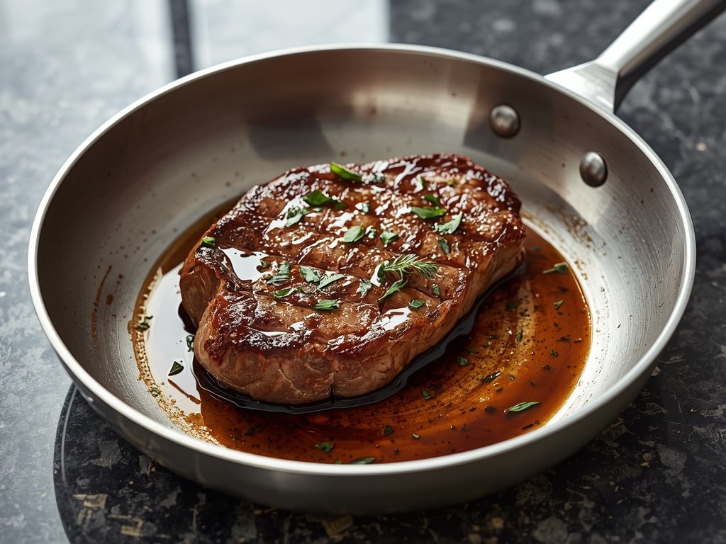 A modern stainless steel pan with a perfectly seared steak,